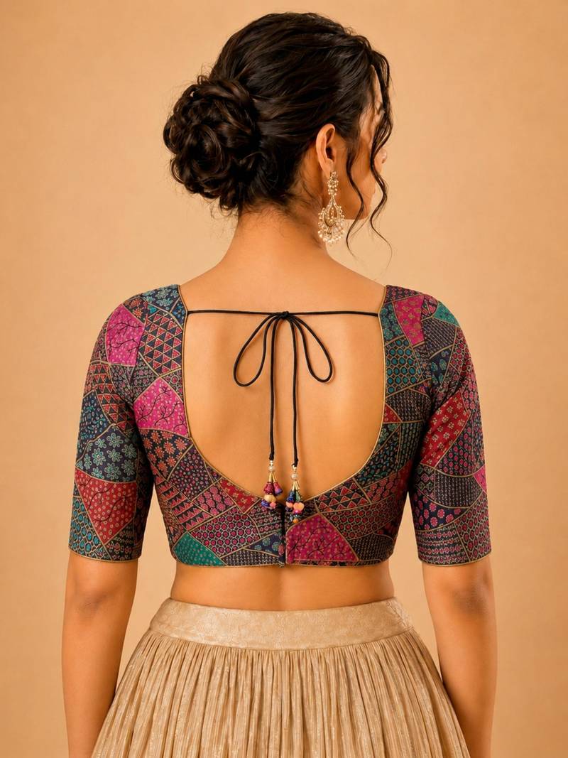 women's brocade padded back open elbow-sleeves saree blouse