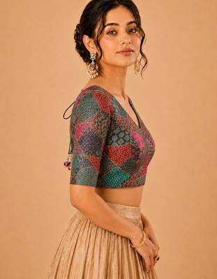 women's brocade padded back open elbow-sleeves saree blouse 3