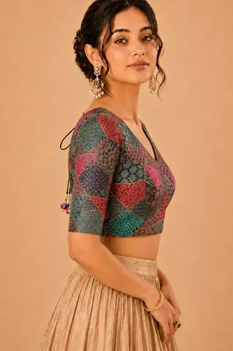 women's brocade padded back open elbow-sleeves saree blouse