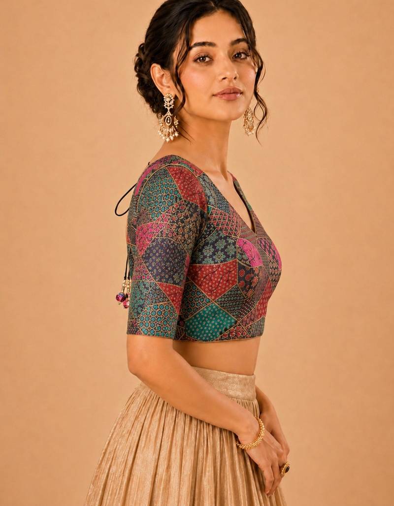 women's brocade padded back open elbow-sleeves saree blouse
