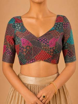 women's brocade padded back open elbow-sleeves saree blouse 4