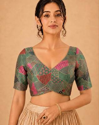 women's brocade padded back open elbow-sleeves saree blouse 1