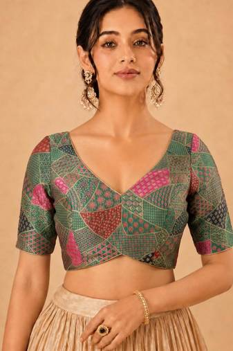 women's brocade padded back open elbow-sleeves saree blouse