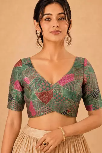 women's brocade padded back open elbow-sleeves saree blouse