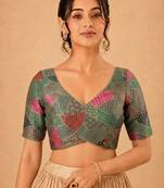 women's brocade padded back open elbow-sleeves saree blouse