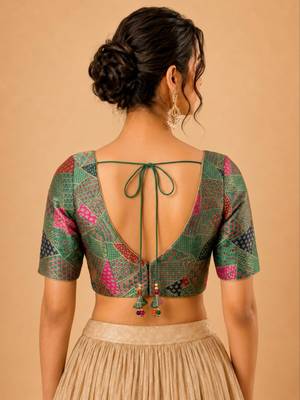 women's brocade padded back open elbow-sleeves saree blouse 2