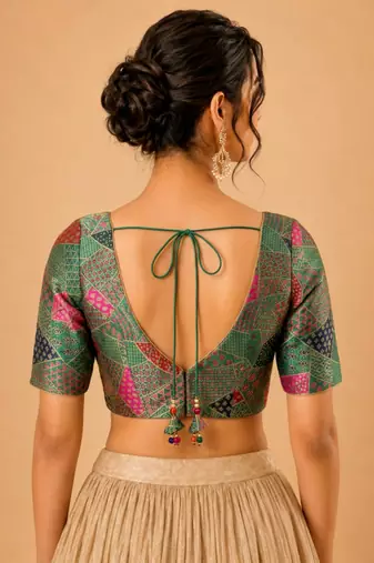 women's brocade padded back open elbow-sleeves saree blouse