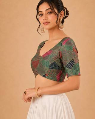 women's brocade padded back open elbow-sleeves saree blouse 3