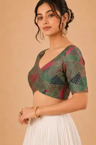 women's brocade padded back open elbow-sleeves saree blouse