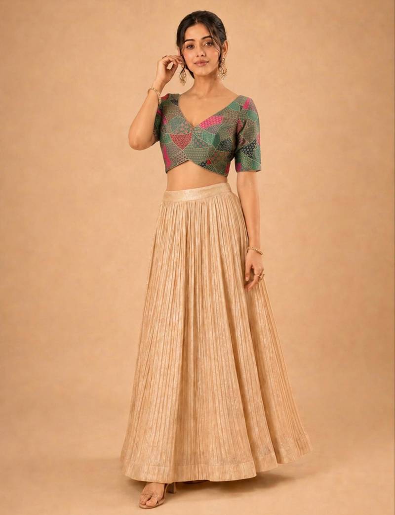 women's brocade padded back open elbow-sleeves saree blouse