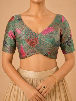 women's brocade padded back open elbow-sleeves saree blouse 5