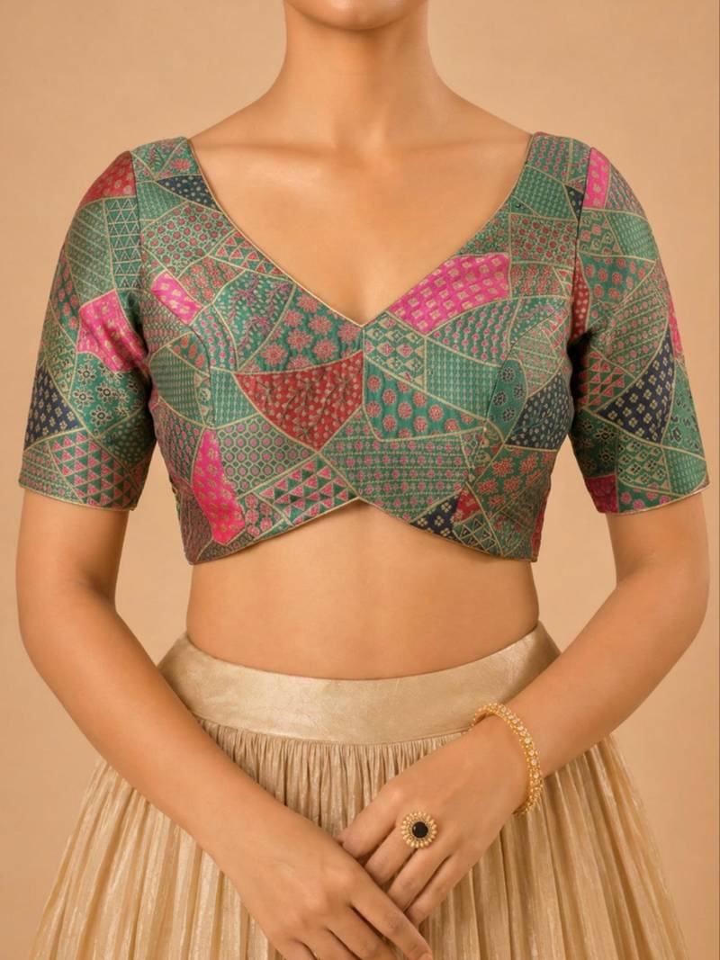 women's brocade padded back open elbow-sleeves saree blouse