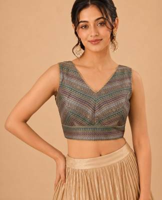 women's brocade padded back open sleeveless saree blouse 1
