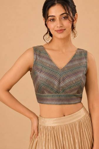 women's brocade padded back open sleeveless saree blouse