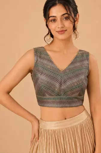 women's brocade padded back open sleeveless saree blouse