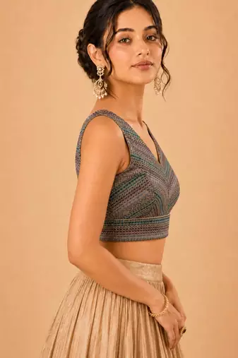 women's brocade padded back open sleeveless saree blouse