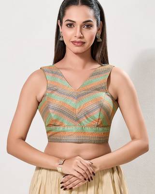 women's brocade padded back open sleeveless saree blouse 1