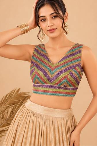 women's brocade padded back open sleeveless saree blouse