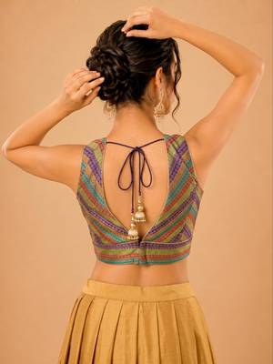 women's brocade padded back open sleeveless saree blouse 2
