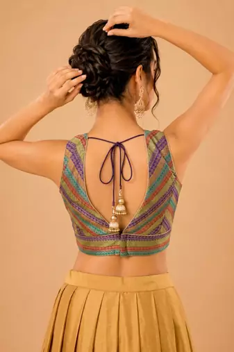 women's brocade padded back open sleeveless saree blouse