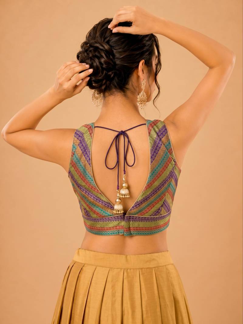 women's brocade padded back open sleeveless saree blouse