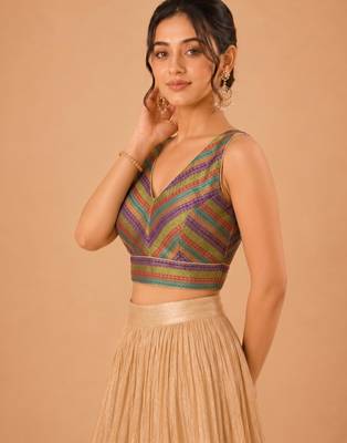 women's brocade padded back open sleeveless saree blouse 3
