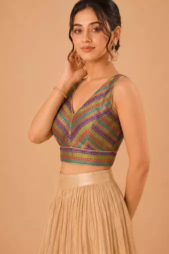 women's brocade padded back open sleeveless saree blouse
