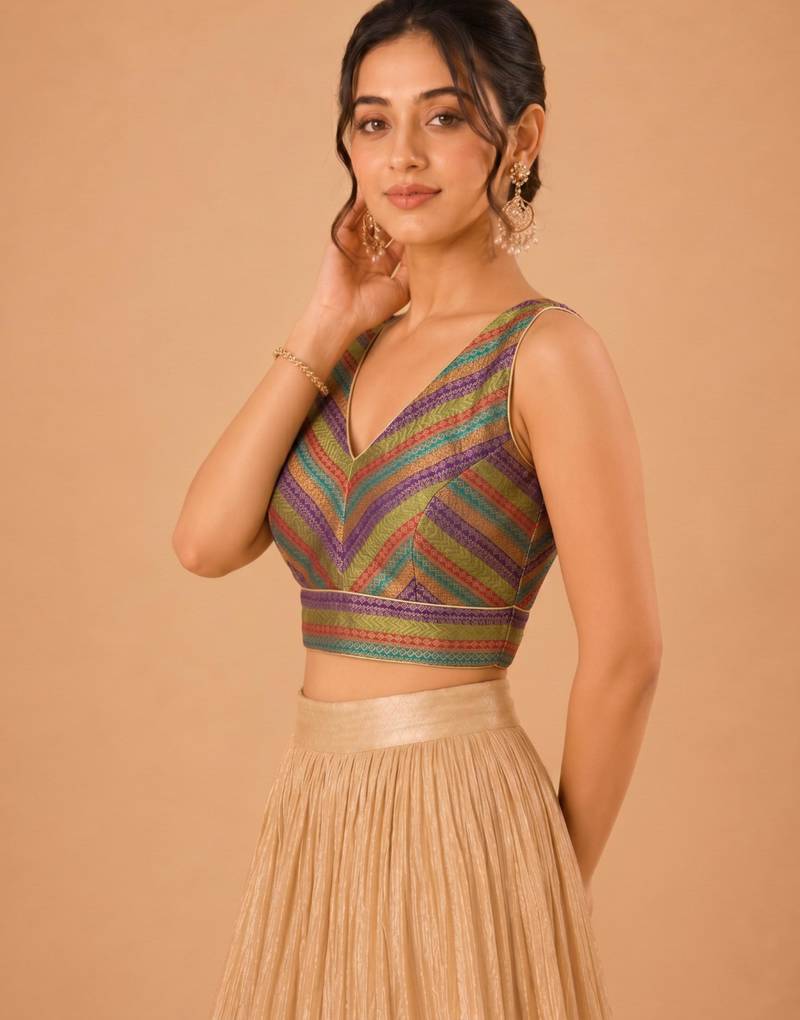women's brocade padded back open sleeveless saree blouse