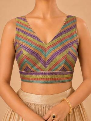women's brocade padded back open sleeveless saree blouse 4