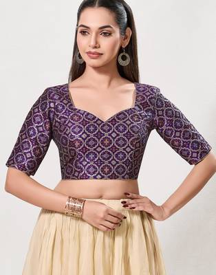 women's brocade padded back open elbow-sleeves saree blouse 1