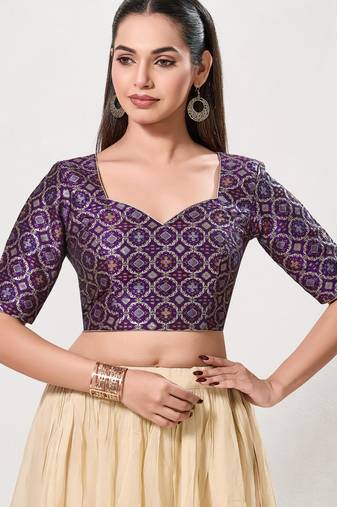 women's brocade padded back open elbow-sleeves saree blouse