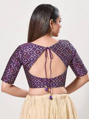 women's brocade padded back open elbow-sleeves saree blouse 2