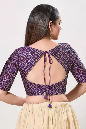 women's brocade padded back open elbow-sleeves saree blouse
