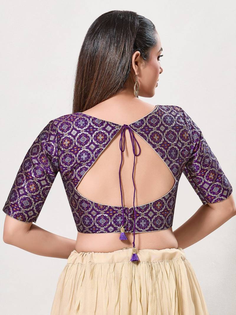 women's brocade padded back open elbow-sleeves saree blouse