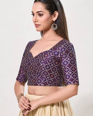 women's brocade padded back open elbow-sleeves saree blouse 3