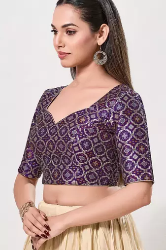 women's brocade padded back open elbow-sleeves saree blouse