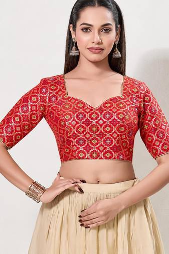 women's brocade padded back open elbow-sleeves saree blouse