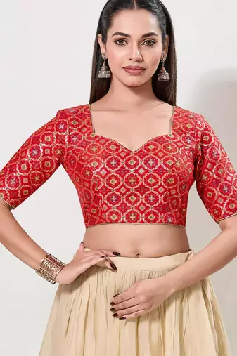 women's brocade padded back open elbow-sleeves saree blouse