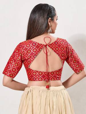 women's brocade padded back open elbow-sleeves saree blouse 2