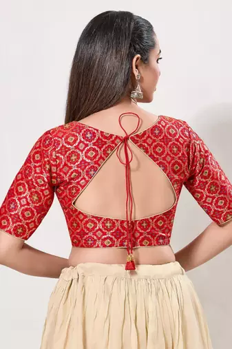 women's brocade padded back open elbow-sleeves saree blouse