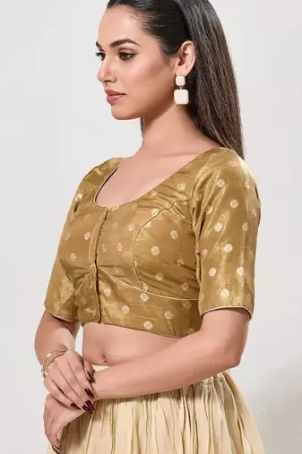 women's tissue padded front open elbow-sleeves saree blouse