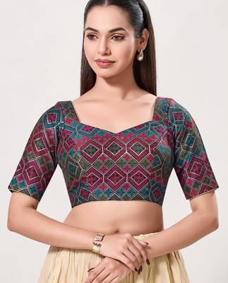 women's brocade padded back open elbow-sleeves saree blouse 1