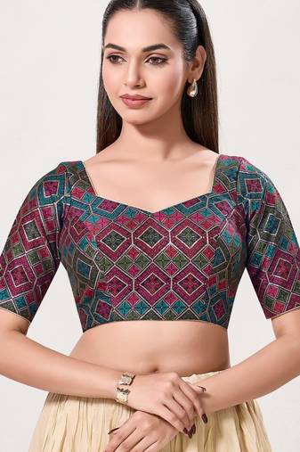 women's brocade padded back open elbow-sleeves saree blouse