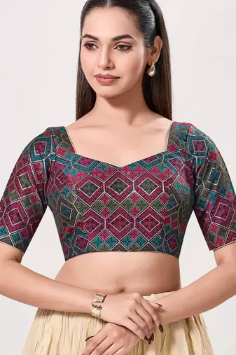 women's brocade padded back open elbow-sleeves saree blouse