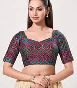 women's brocade padded back open elbow-sleeves saree blouse
