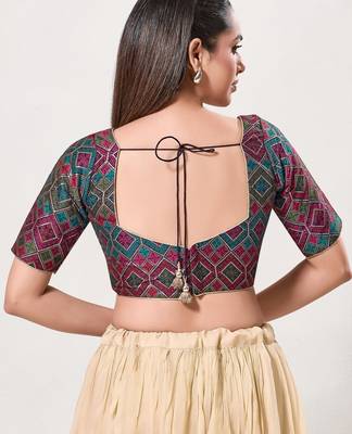 women's brocade padded back open elbow-sleeves saree blouse 2