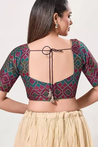 women's brocade padded back open elbow-sleeves saree blouse