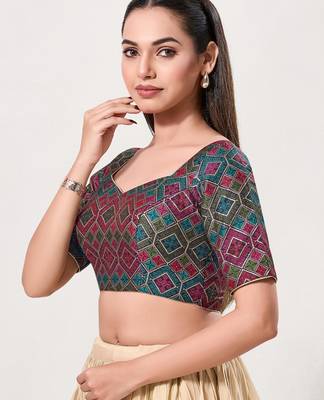 women's brocade padded back open elbow-sleeves saree blouse 3