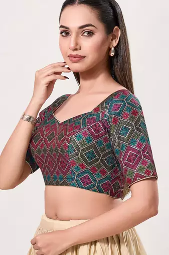 women's brocade padded back open elbow-sleeves saree blouse