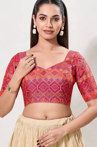 women's brocade padded back open elbow-sleeves saree blouse